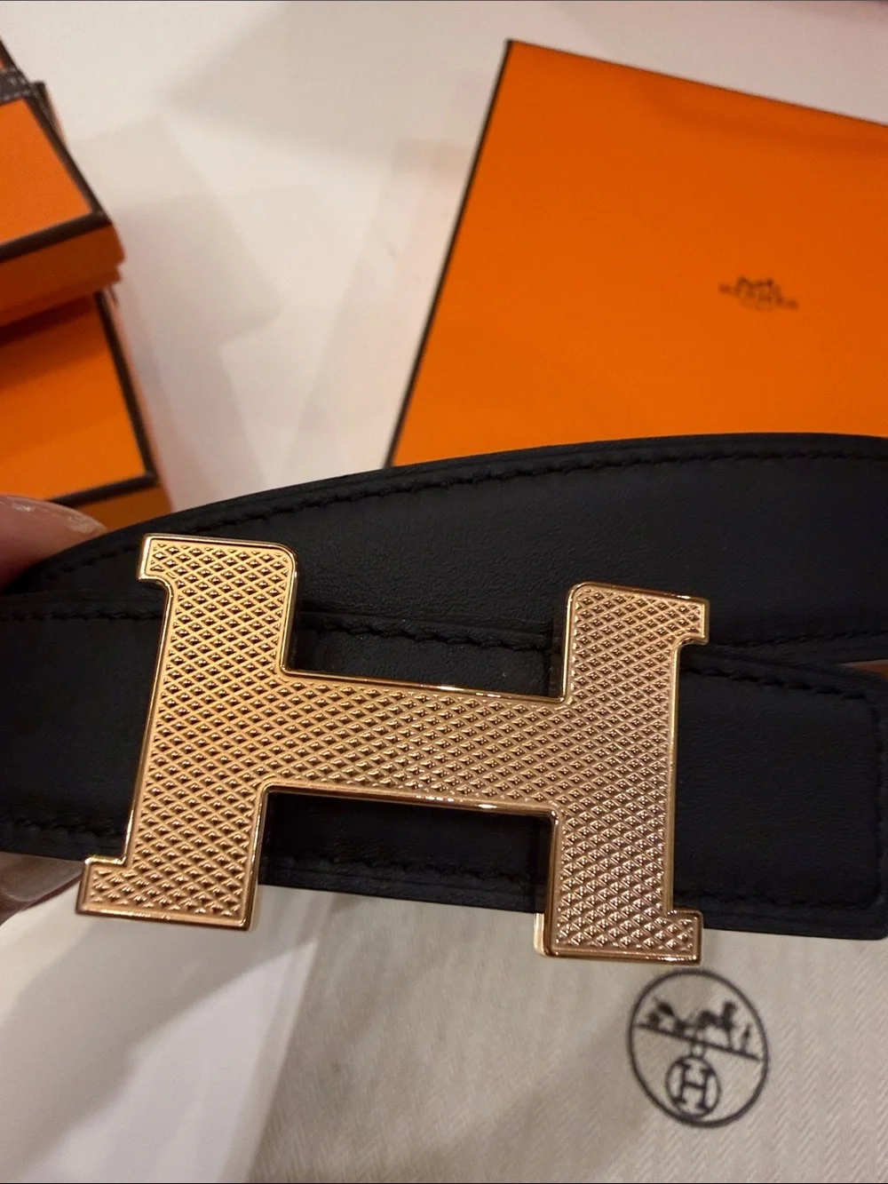 Hermès Black Leather Belt with Gold H Buckle